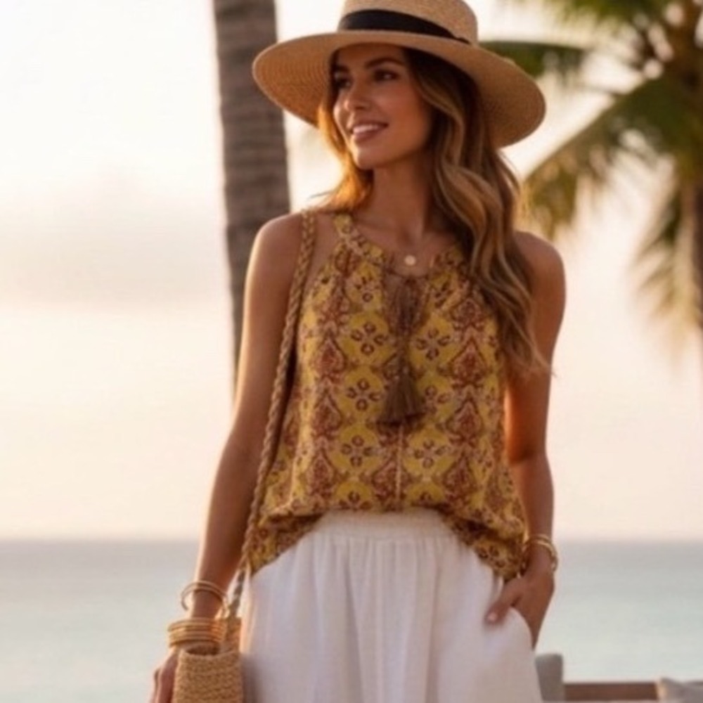 Rose + Olive Yellow Paisley Halter Top Tassel Tie Blouse Womens Small NEW